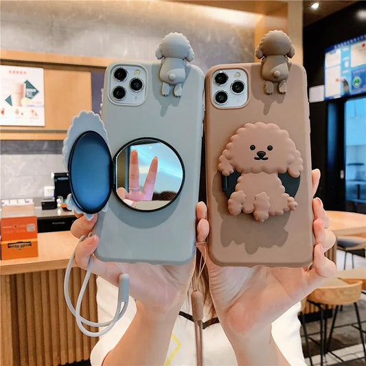 3D Cute Cartoon Dog Mirror Stand Phone Case for Apple  13 Pro Max 12 11 XR X XS Max 5 6 7Plus 8 plus 15 with Lanyard Cover
