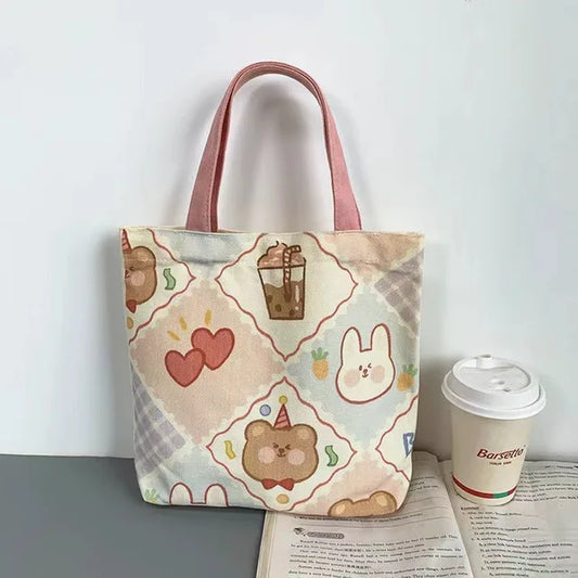 Casual Portable Reusable Shopping Bags Cute Cartoon Large Capacity Handbag Canvas Bags Knitting Tote Bag Fashion Women Hand Bags